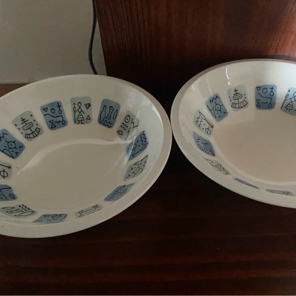 3 Rare Vintage Nola Ware Hand Painted Atomic Art Deco 3”Blue White Bowls MCM